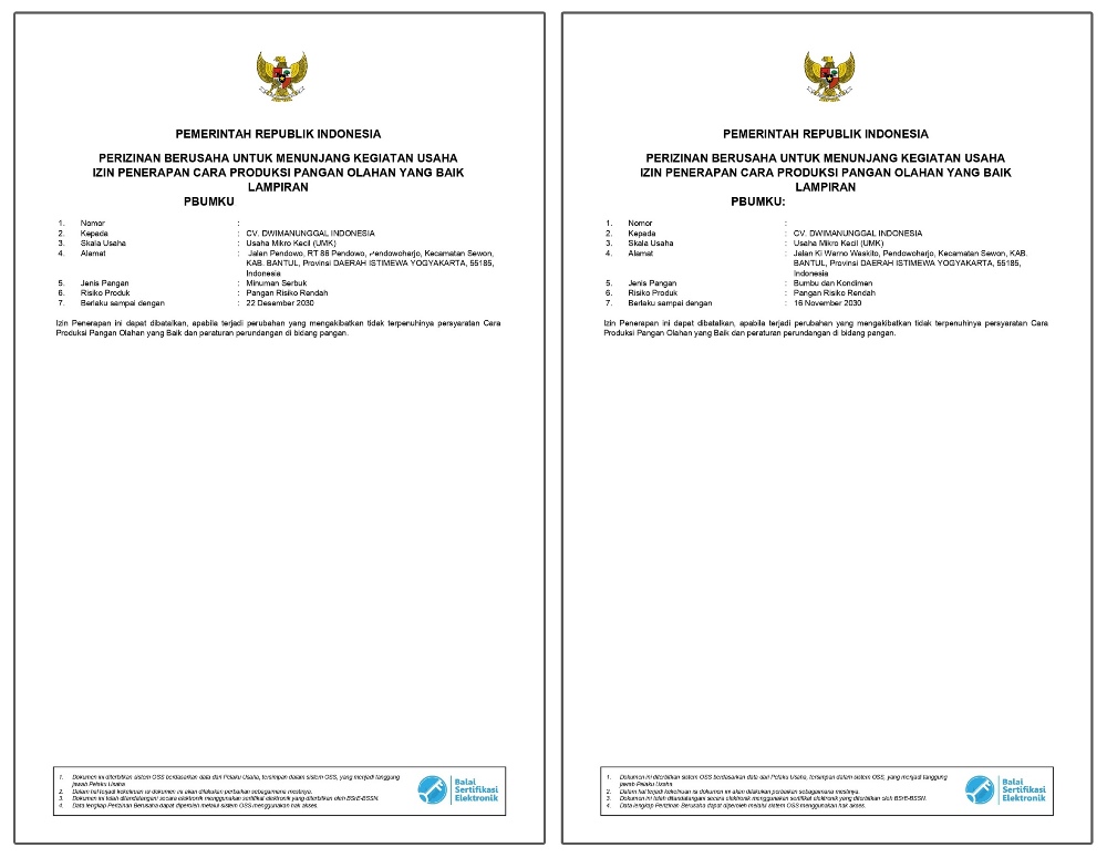 Sertifikat Badan Pengawas Obat dan Makanan - Dwimanunggal Indonesia