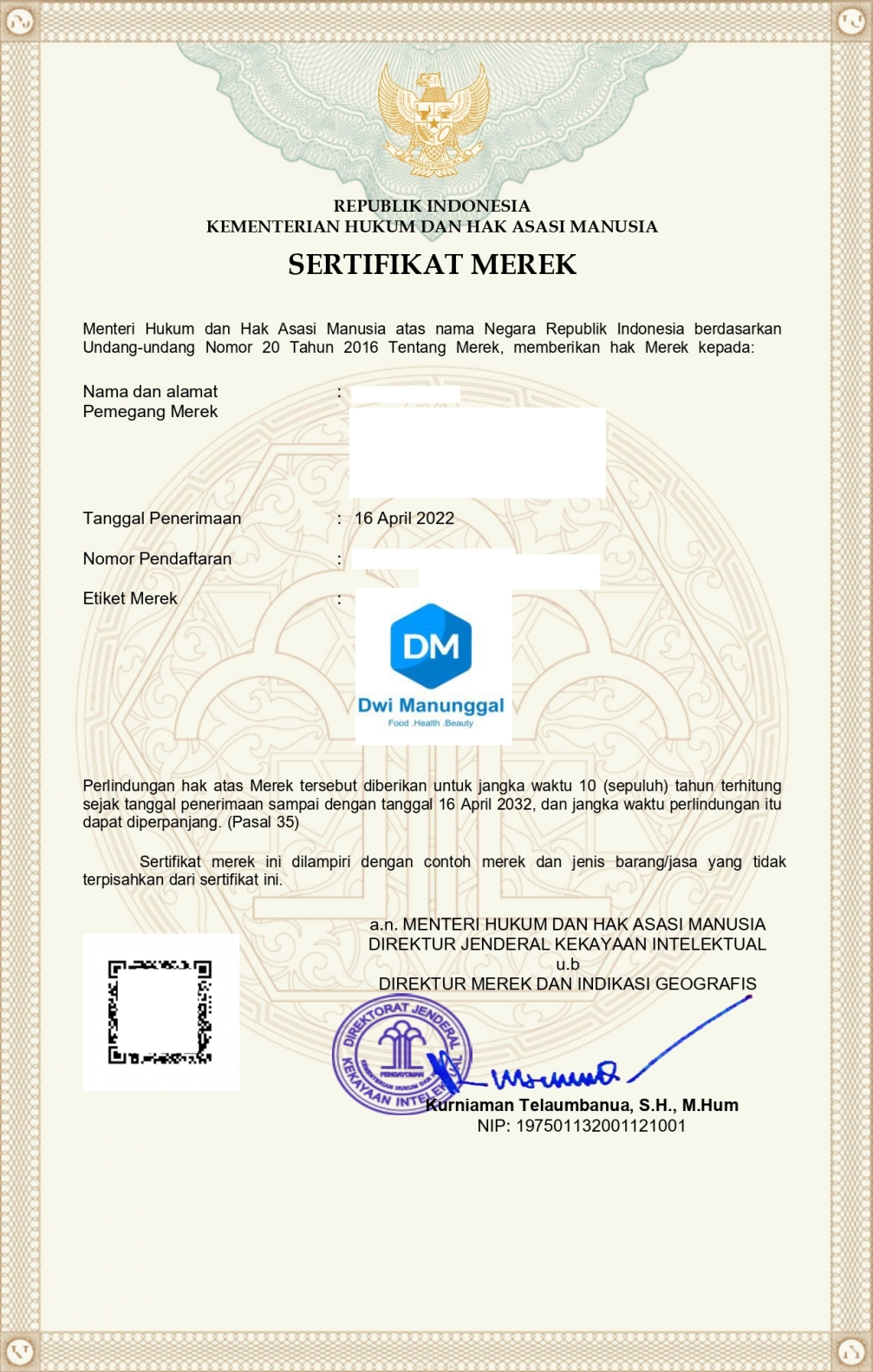 Sertifikat Direktorat Jenderal Kekayaan Intelektual - Dwimanunggal Indonesia