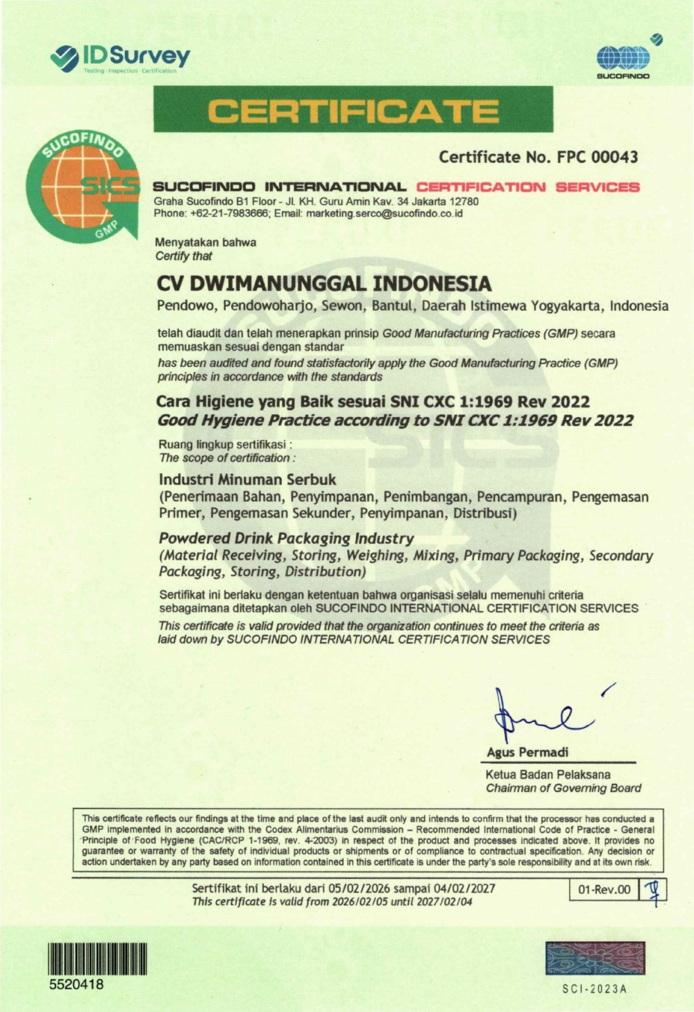 Sertifikat Good Manufacturing Practice Certification - Dwimanunggal Indonesia